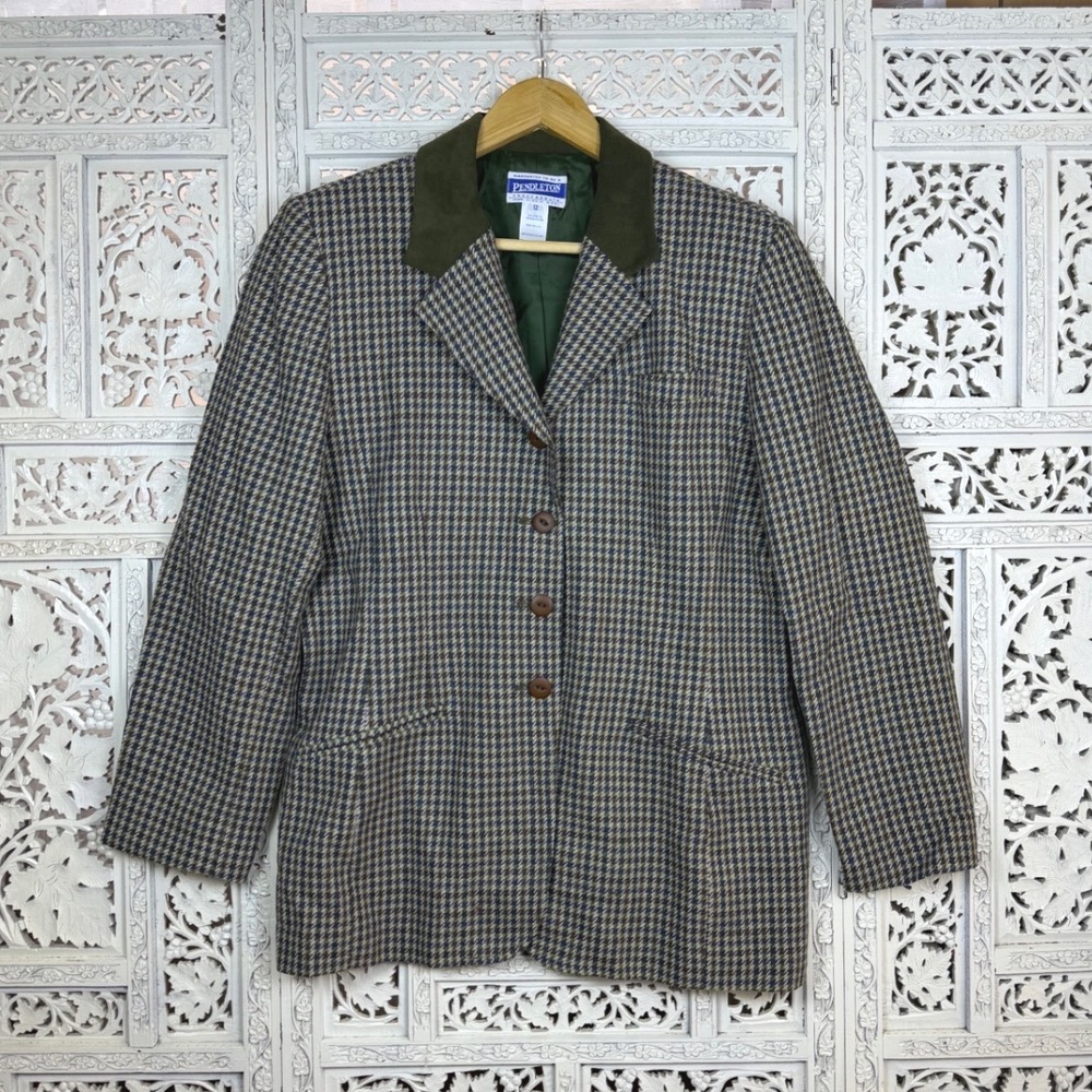 Vtg Pendleton Green Plaid Wool Blazer‎ Womens Large Preppy Academia Career Work
